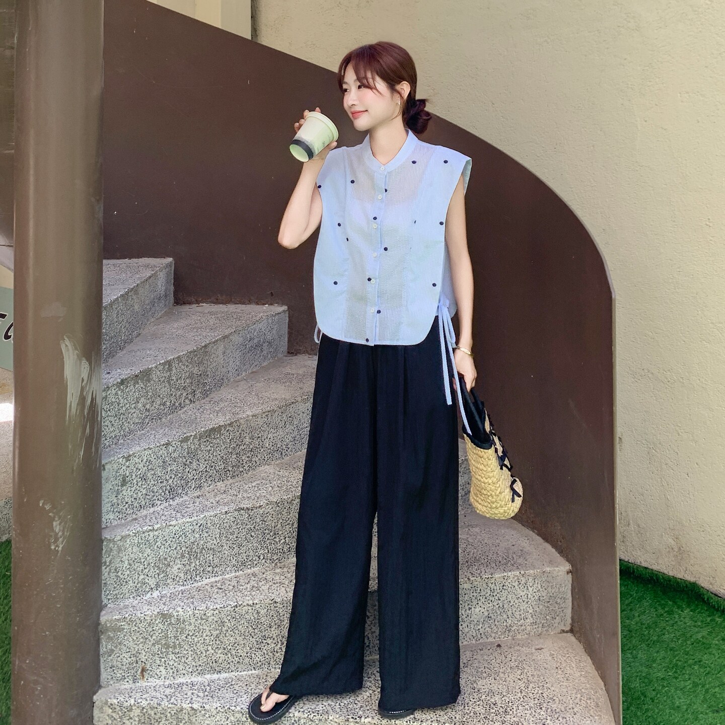 韩系设计感波点无袖衬衫套装女2025夏小个子宽松休闲阔腿裤两件套,女装套装/套裙,2C135