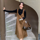 韩系chic咖色麂皮绒背带连衣裙叠穿打底衫女春秋独特漂亮长裙套装，女装套装/套裙，2C113