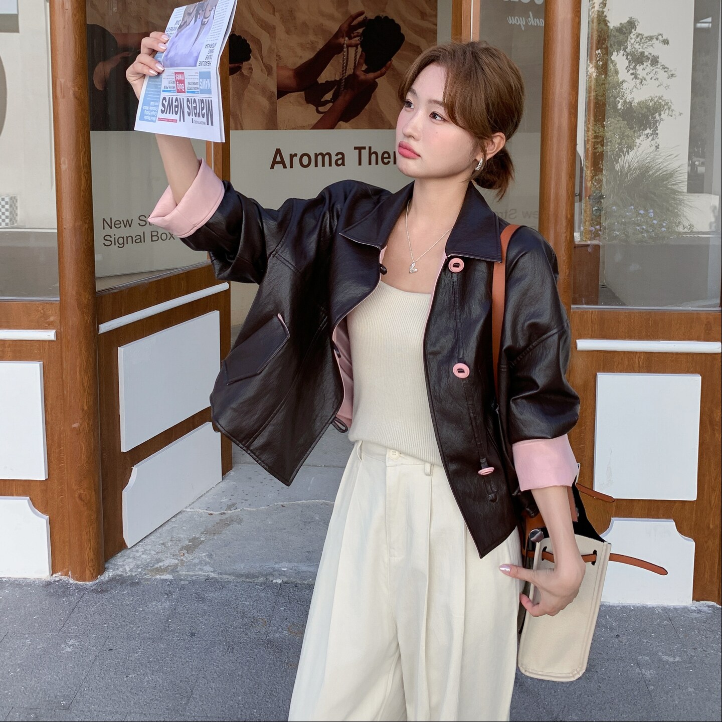 美拉德复古咖色淡人皮衣外套女秋季2025新款高级感休闲单排扣夹克,女装皮衣,2C259