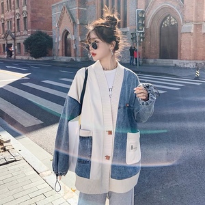 米白色针织拼接牛仔短外套女2023春秋新款韩系休闲高级棒球服上衣图片
