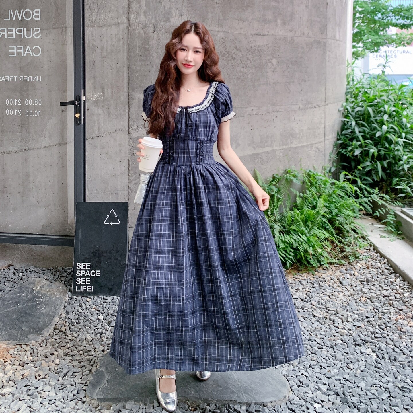 蓝色复古格子连衣裙女2025夏季新款法式文艺风气质显瘦泡泡袖长裙,女装连衣裙,2C259