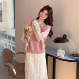 粉色甜美针织花朵马甲套装女春季时尚减龄法式气质两件套，女装套装/套裙，2C166
