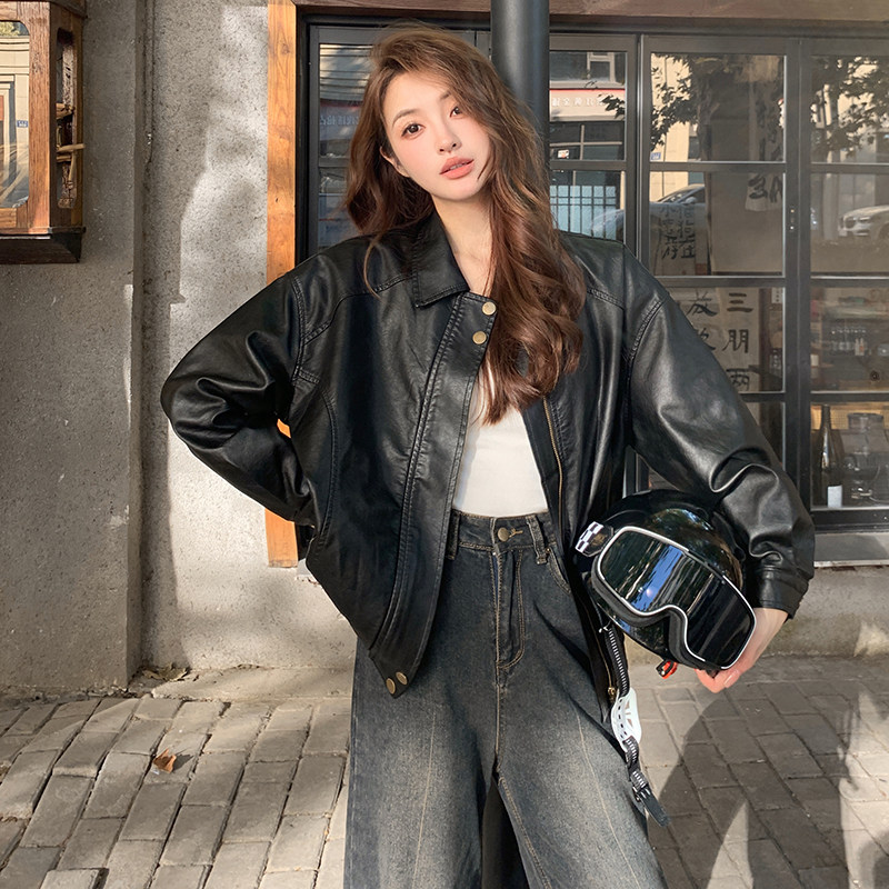 现货秋季新款宽松休闲显瘦大码皮衣机车甜酷风外套A807P135K198,女装皮衣,2C082