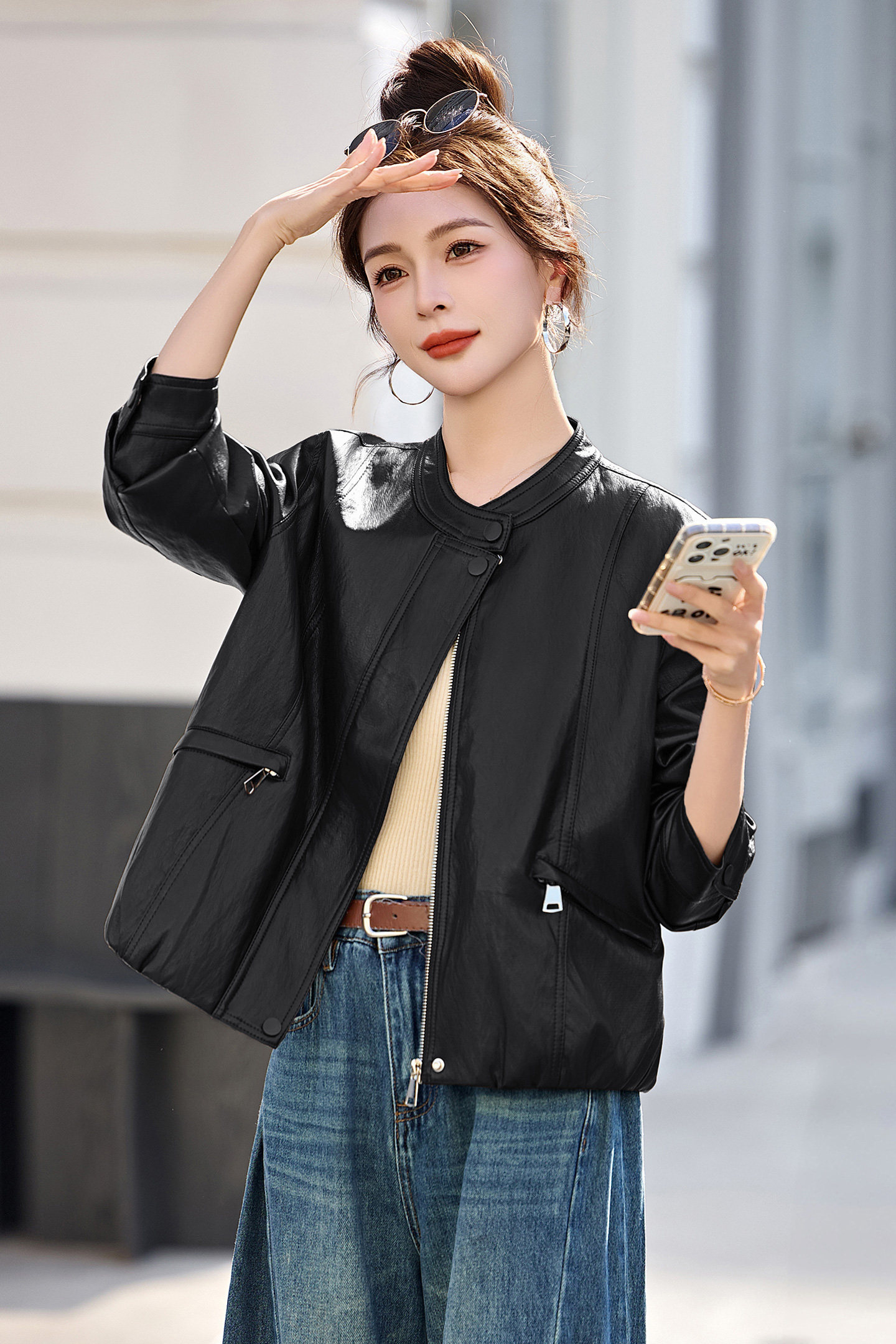 已出货春装新品设计感皮衣外套女短款圆领潮流时尚显瘦皮夹克潮,女装皮衣,吾爱衣