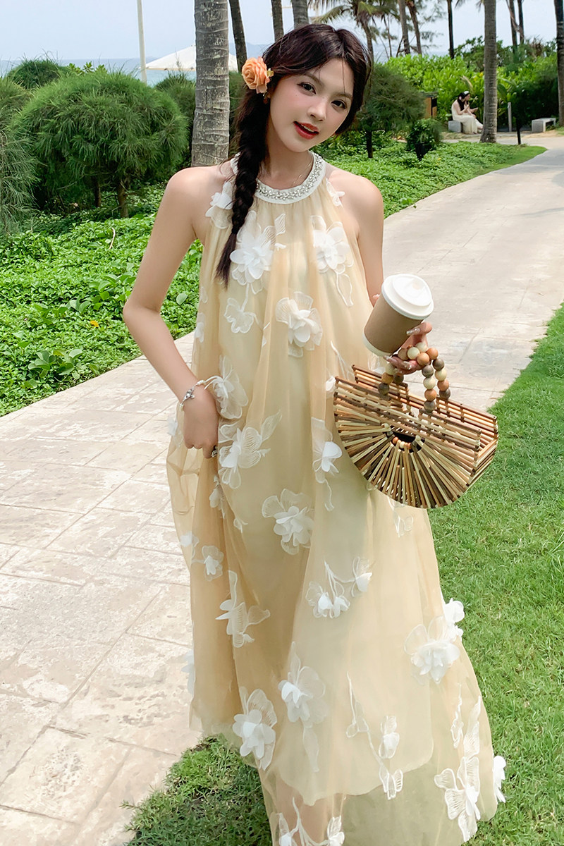 新品法式重工立体花挂脖连衣裙2599-P135-K208,女装连衣裙,2C159