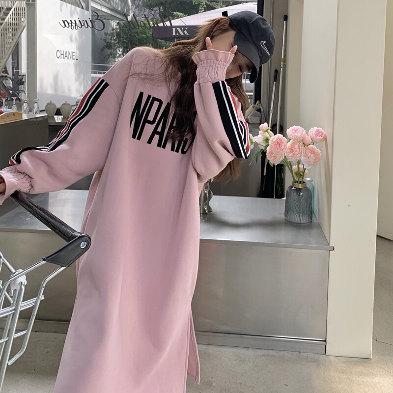 现货！2025冬装粉色加绒刺绣长款卫衣2C056-9001-P130控188,女装卫衣/绒衫,2C056