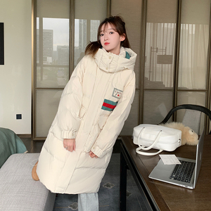 新款冬季90白鸭绒中长款韩版拼色连帽米白羽绒服P310K469图片