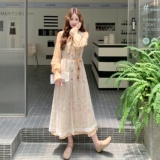 法式显瘦印花长裙罩衫套装女2025春秋季新款花边系带连衣裙两件套，女装套装/套裙，2D035