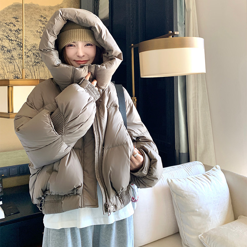 灰色短款连帽羽绒服女冬季2025新款小个子百搭加厚保暖面包服外套,女装羽绒服,1D066-1