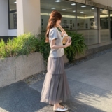 慵懒风穿搭蕾丝T恤套装女2025夏季新款韩系显瘦网纱半身裙两件套，女装套装/套裙，2C109