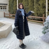 深蓝色复古格纹双面呢大衣女2025中长款外套2C227/3321/P265K338，女装毛呢外套，2C227