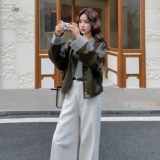 条纹拼接橄榄绿皮衣短外套女春秋2025新款小个子PU夹克爆款高级感，女装短外套，2C177