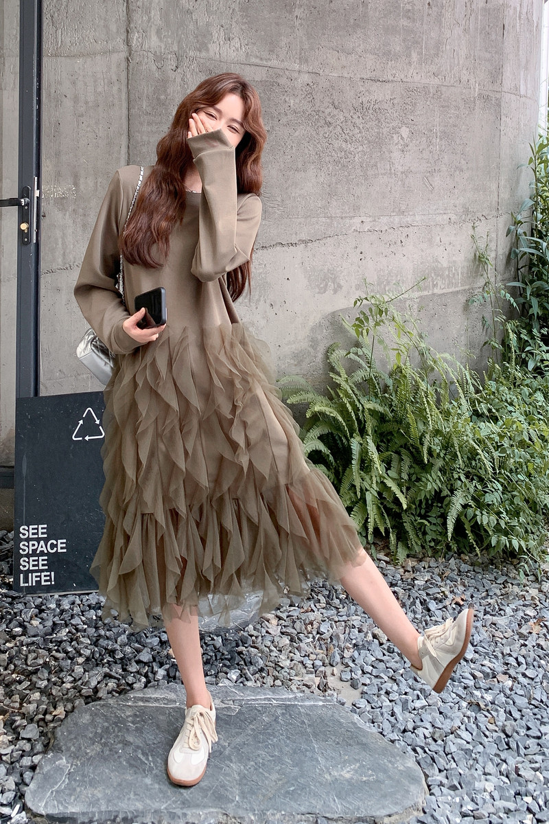 大货卡其绿长袖网纱连衣裙女2026新款秋2C206-L588-P145-K198,女装连衣裙,2C206