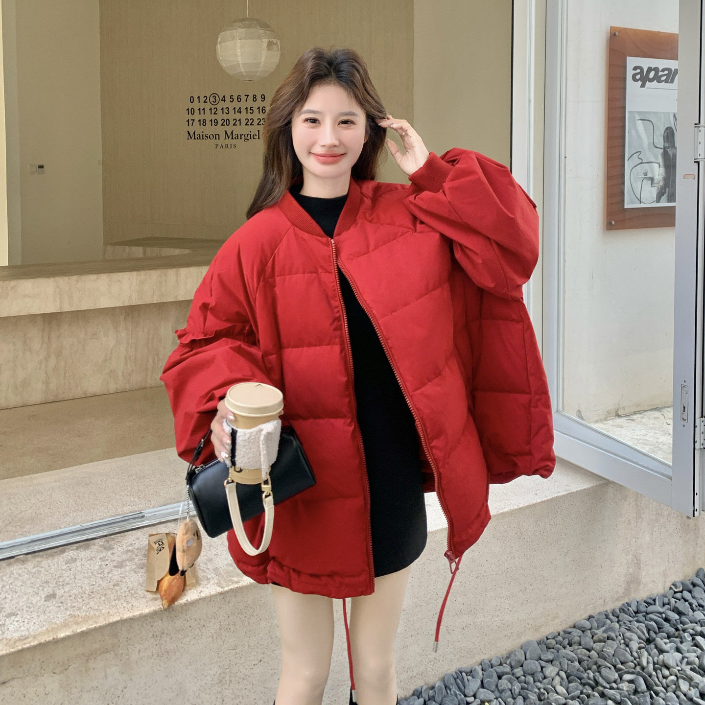新年红色花边棒球羽绒服女2026新款韩版加厚宽松休闲90白鸭绒外套,女装羽绒服,2C166