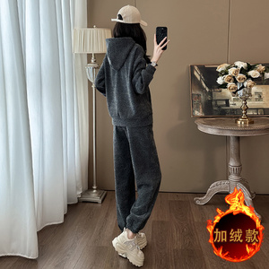 女秋冬黑灰色加绒加厚卫衣卫裤套装图片