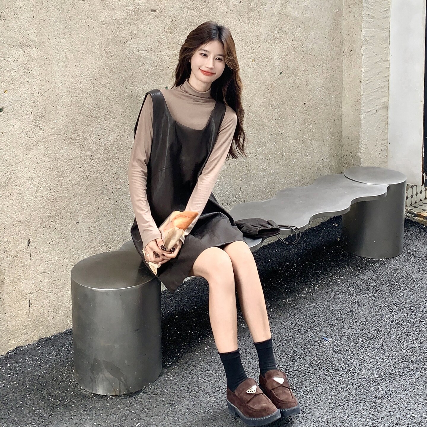 咖色针织打底衫皮背心连衣裙两件套女秋季2025新款小个子流行爆款,女装套装/套裙,2C135
