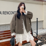 撞色PU皮翻领夹克短外套2025新款女秋季老钱风设计感韩版休闲上衣，女装短外套，2C166