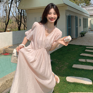 粉色初恋连衣裙夏季女2024新款温柔风超好看甜美宽松中长款仙女裙图片