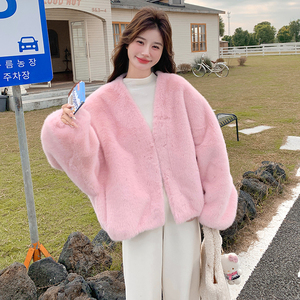 粉色甜美皮毛一体羊羔毛外套女秋冬多巴胺独特超好看加厚棉服超火图片