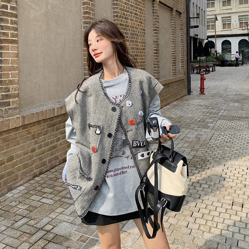 灰色设计感印花马甲套装女2025春季新款韩系慵懒风休闲卫衣两件套图片