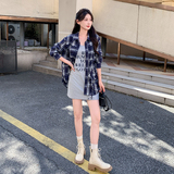 韩版时尚休闲格纹衬衫套装女2025春秋新款显瘦气质吊带短裙两件套，女装套装/套裙，2C291
