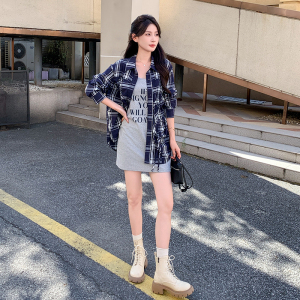 韩版时尚休闲格纹衬衫套装女2025春秋新款显瘦气质吊带短裙两件套图片