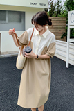 卡其色拼接连衣裙女夏新款韩版小众撞色休闲气质高级感显瘦衬衫裙，女装连衣裙，2C159