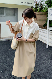 卡其色拼接连衣裙女夏新款韩版小众撞色休闲气质高级感显瘦衬衫裙图片