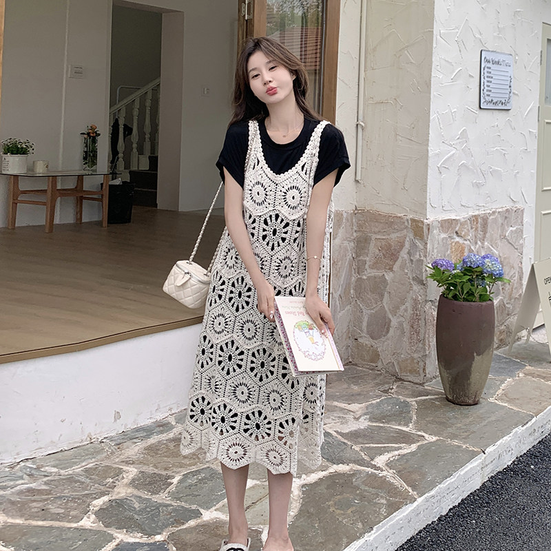 夏季搭配一整套黑色T恤裙女2025新款设计感镂空针织吊带裙,女装连衣裙,2C098