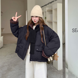 现货新款韩版宽松立领撞色格子袖口围巾帽子另算元，女装羽绒服，2B114