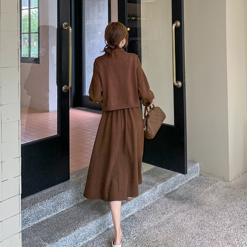 针织马甲长袖连衣裙套装女春秋盐系穿搭高级感衬衫裙两件套,女装连衣裙,2C166