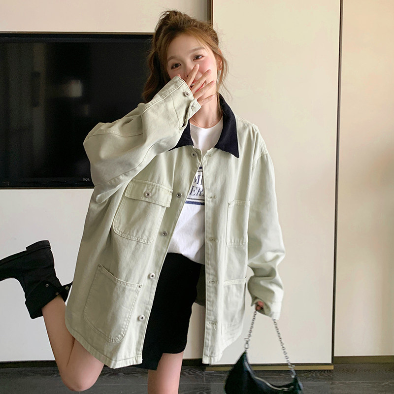 耐磨女拼接纽扣常规款翻领短外套上衣ins秋装韩版春秋小个子长袖,女装短外套,2C260