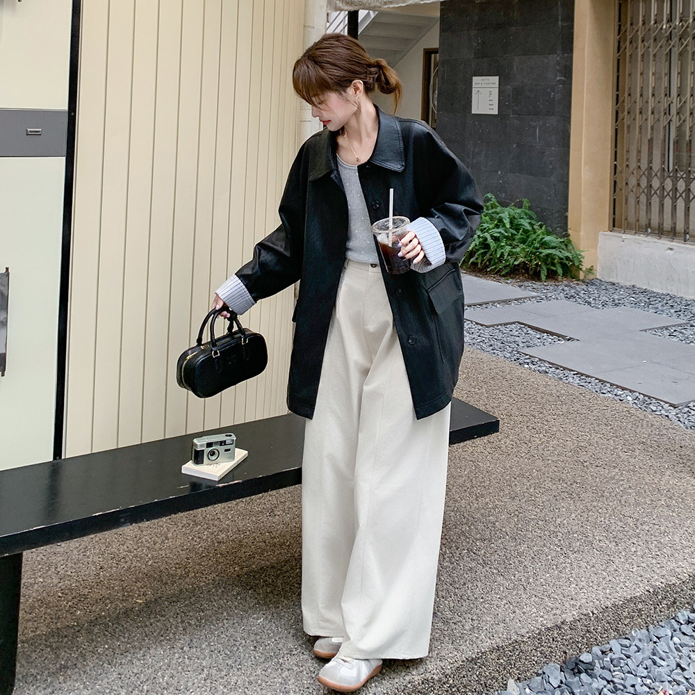 黑色翻领PU皮衣外套女2025秋季新款复古通勤风高级感酷飒夹克上衣,女装皮衣,2C258