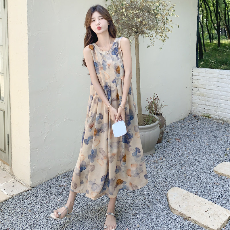 设计感百搭无袖碎花裙女夏季2025年新款法式简约度假风圆领背心裙,女装连衣裙,2C131