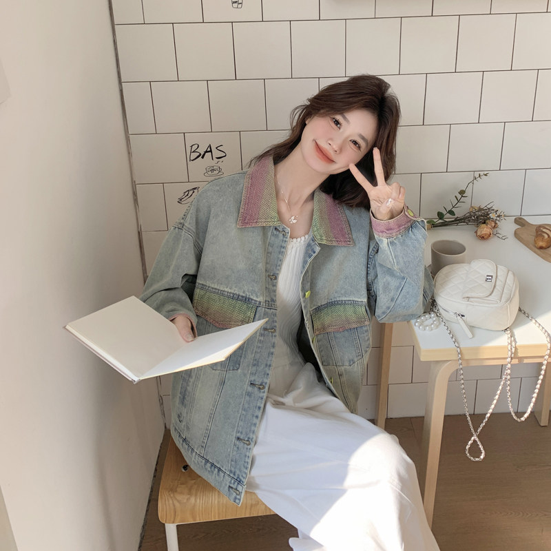 独特超好看设计感蓝色拼接牛仔外套女春秋2025高级感小众休闲夹克图片