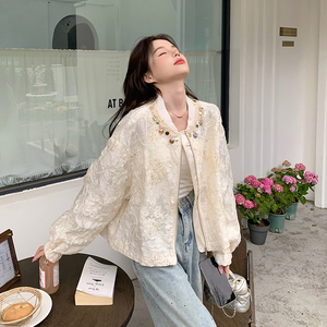 杏色蕾丝刺绣短款外套女2025秋季新款独特设计感超好看小个子上衣图片