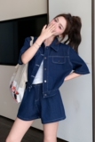 深蓝色小个子穿搭薄款牛仔上衣套装女夏季新款宽松显瘦短裤两件套，女装套装/套裙，2C212