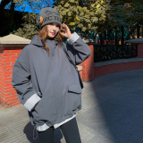 灰色连帽轻薄羽绒棉服女冬季保暖加厚小个子工装休闲宽松棉衣外套，女装棉衣/棉服，2C218
