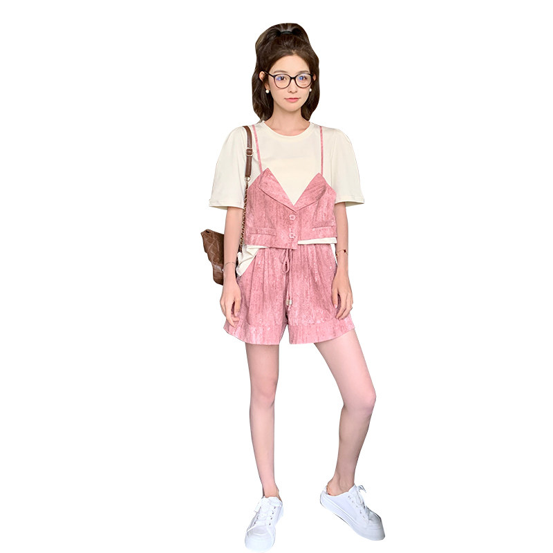 时尚休闲套装女2024新款夏装搭配一整套拼接短袖上衣短裤两件套潮,女装套装/套裙,2D043