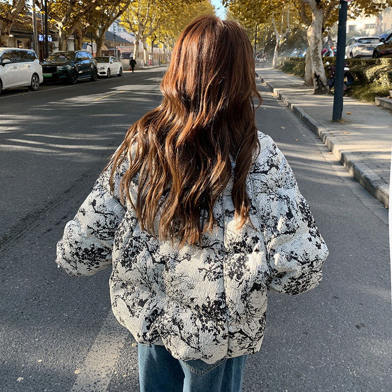 新中式国风水墨印花短款羽绒服女2025冬季新款显瘦加厚白鸭绒外套,女装羽绒服,2B237