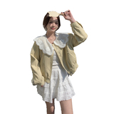 蕾丝花边大翻领皮衣外套女2025春季新款时尚高级感气质夹克上衣潮，女装皮衣，2C126