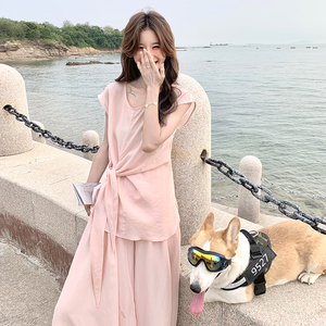 清纯系粉色收腰衬衫阔腿裤套装女夏两件套大方得体流行爆款ootd图片