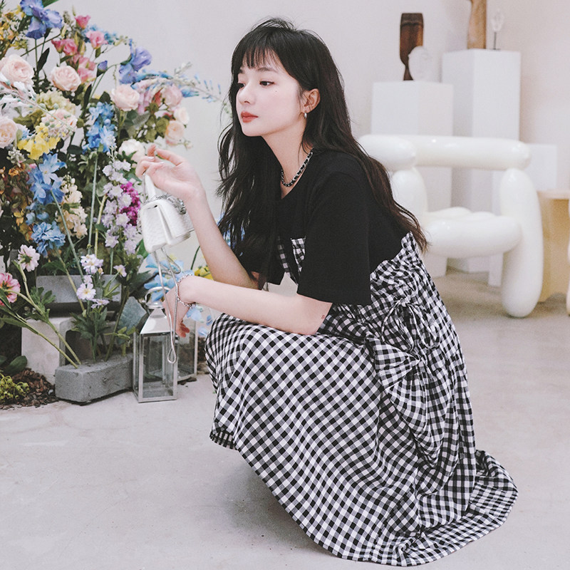 档口！2026夏装黑白格纹拼接假两件连衣裙813-P115168,女装连衣裙,2C069