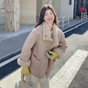 甜美粉色麂皮绒两面穿皮毛一体羊毛羔外套女秋冬2025新款加厚棉服图片