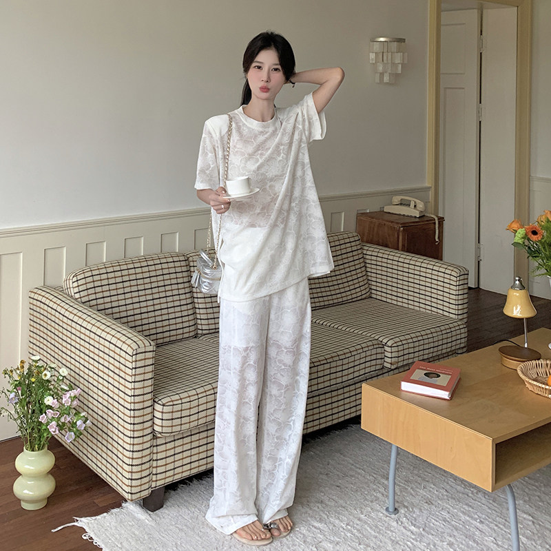 现货：夏装新款刺绣圆领开叉上衣阔腿裤两件套2C135-5099P145K208,女装套装/套裙,2C135