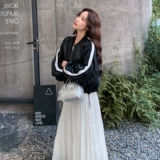 黑色拼接设计感立领短外套女秋季新款韩系甜酷风小个子上衣，女装皮衣，2C177
