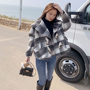 格纹毛呢外套女新款2025冬季宽松连帽加厚设计感小个字百搭呢大衣图片