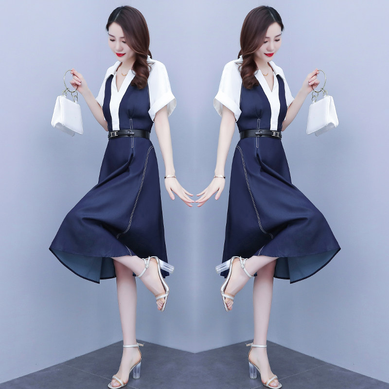 2025夏装新款撞色拼接牛仔色大码时尚减龄短袖中长款连衣裙,女装连衣裙,先锋丽姿