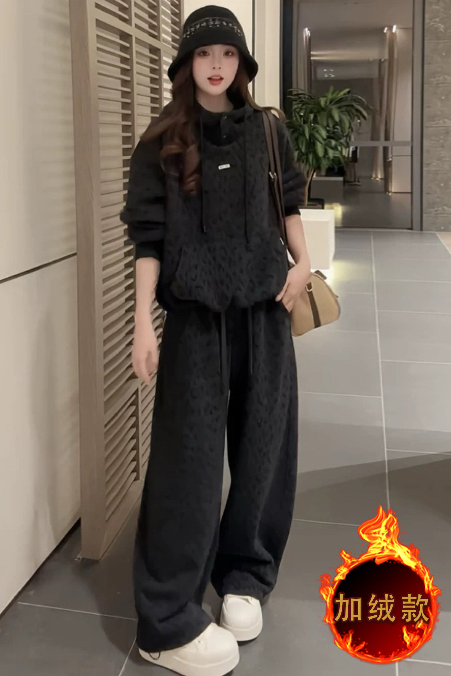潮流休闲时尚套装女秋冬新款高级感豹纹连帽长袖卫衣直筒裤两件套,女装套装/套裙,2C310