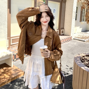 高级感美式刺绣休闲女春秋韩版百搭翻领宽松小个子夹克短外套潮图片